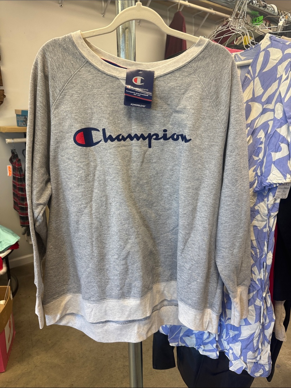 Champion Light Gray Sweatshirt with Navy & Red Logo